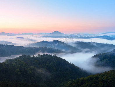 壮丽71年摄影照片_秋天的风景。轻柔的薄雾，壮丽秋天奶油雾以上森林。高小山从雾增加