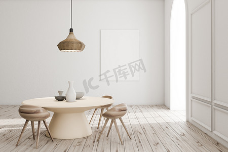 现代饭厅内部与白色墙壁, 木地板, 圆桌与花瓶和垂直模拟海报。3d 渲染