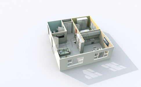 3d 室内渲染斜的屋顶公寓家具视图