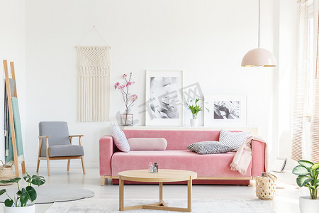海报鲜花摄影照片_真正的照片, 一个粉红色的沙发与枕头站在桌子后面, 扶手椅旁边, 在一个架子上张贴海报和鲜花, 并在明亮舒适的客厅内的灯下