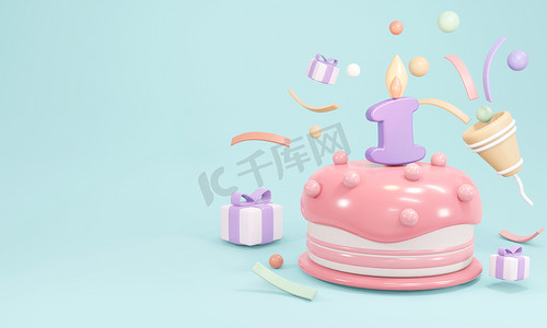 三维渲染的油腻的生日蛋糕党与蜡烛1号与复制空间蓝色背景。3D渲染示例.