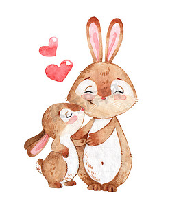 快乐的兔子与母亲水彩卡通在白色背景下隔离