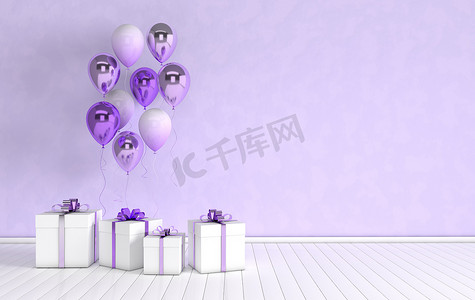 海报促销气球摄影照片_3d 渲染内部与逼真的光泽紫色金属箔