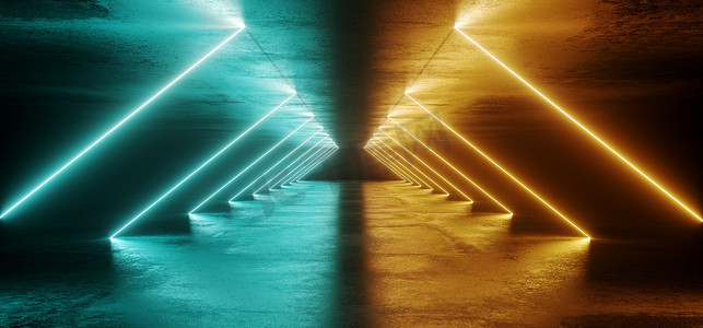 科幻菲克抽象未来派现代深空无纺布混凝土长走廊隧道与三角霓虹灯激光管光线发光橙色和蓝色与反射3d 渲染插图