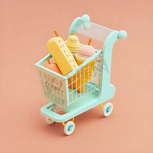 high摄影照片_Cute & whimsical 3D shopping cart icon character perfect for e-commerce, retail projects, website icons, app buttons, marketing materials. Adorable cartoon-like design, cheerful colors, filled with items, 3D style gives depth & realism. High-res