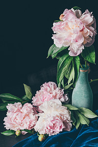 花瓶中的牡丹花摄影照片_深色背景花瓶中的植物束粉红色牡丹花