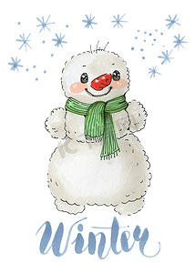 冬季背景与雪人摄影照片_ 用温暖的围巾雪人