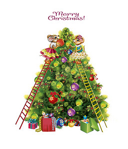两只装饰圣诞树的滑稽老鼠，喜庆的气氛和魔法，白色背景的新年贺卡