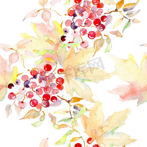 秋天森林果实的花束。被隔绝的狂放的春天叶子。水彩插图集。水彩画时尚水族馆隔离。无缝的背景模式。织物壁纸打印纹理.