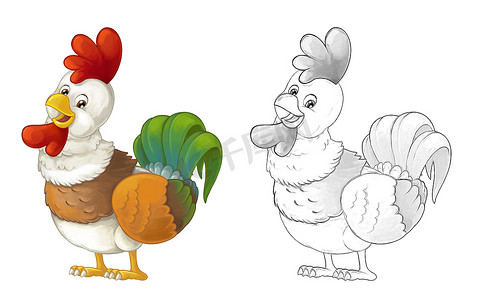 卡通艺术摄影照片_农场动物欢快的公鸡的卡通素描场景正站在孩子们的微笑与期待- -艺术风格- -插图