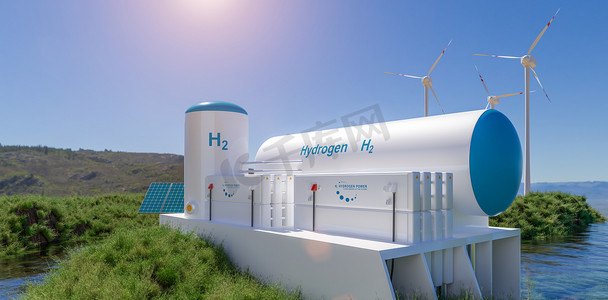 电力生产摄影照片_氢气可再生能源生产-用于清洁电力、太阳能和风力涡轮机设施的氢气。3d渲染.