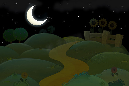 卡通色彩缤纷的夜景与闪亮的月亮 - 与着色页 - 儿童插图