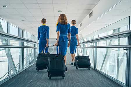 空姐背影摄影照片_带着行李走路的航空公司女员工