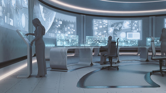 Modern, futuristic command center interior  with people silhouettes