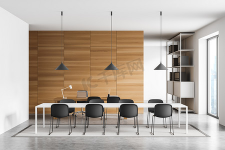 White meeting room with table, grey floor and office desk next to wooden wall on background. Modern interior design with minimalist concept. 3d rendering