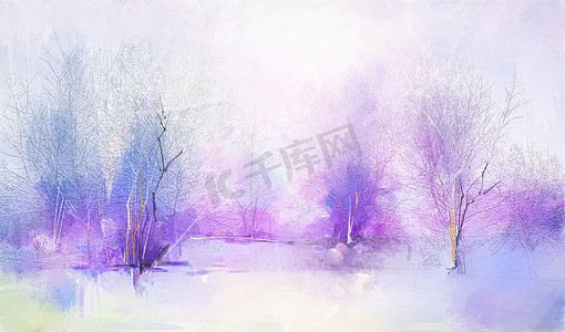 摘要油漆画冬季森林景观.半抽象的树木,田野,草地的形象.现代艺术中,油画将水彩画与紫色、红色和蓝色的油彩混合在一起.当代背景艺术
