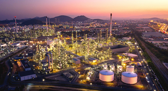 Panorama aerial view oil refinery at twilight