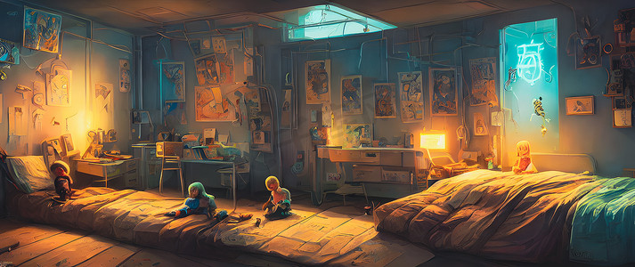 一个漂亮的儿童房室内的艺术概念画,背景图.