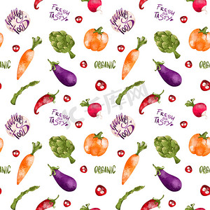 明亮的萝卜，茄子，南瓜，胡萝卜无缝图案可爱的纹理数字艺术白色背景。卡片、包装、餐馆、横幅、海报、织物、包装纸、封面印刷.