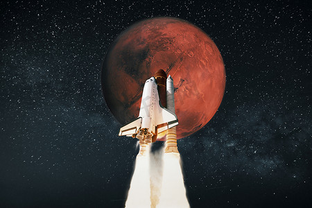 火箭星球摄影照片_宇宙飞船在火星红星上发射. 太空火箭在星空中飞往这个星球. 旅行概念