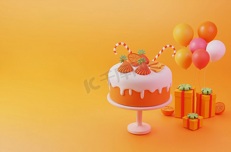 橙色蛋糕生日、周年纪念日和活动派对，配有礼品盒和可爱的气球彩绘3D插图