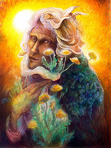 fantasy elven fairy man portrait with dandelion, beautiful colorful detailed fairytale painting of an elven creature and energy lights