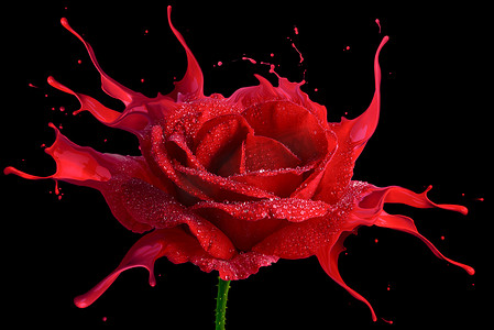 红色露水玫瑰，红水花，底色为黑色
