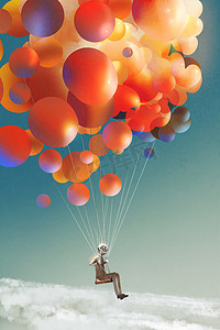 旅行插摄影照片_天空旅行，男子着五颜六色的气球在天空中漂浮
