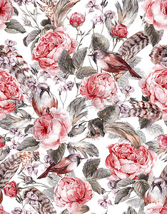 roses摄影照片_Watercolor floral vintage seamless pattern with roses birds and feathers