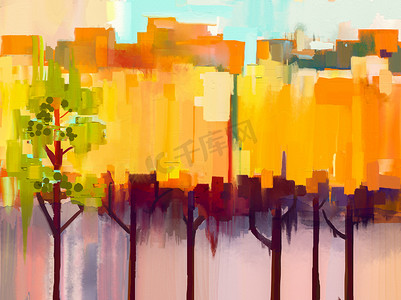 season摄影照片_Abstract colorful oil painting landscape on canvas. Semi- abstract image of tree in yellow and green with blue sky. Spring season nature background