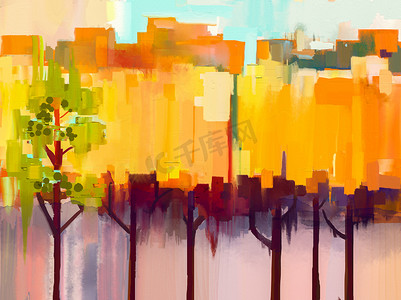 Abstract colorful oil painting landscape on canvas. Semi- abstract image of tree in yellow and green with blue sky. Spring season nature background