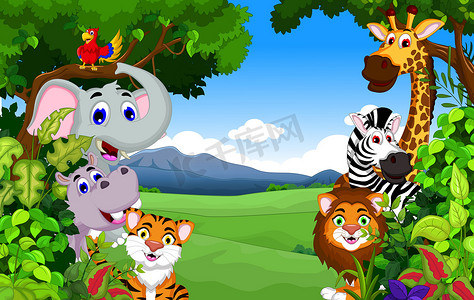 有趣的动物卡通与森林背景