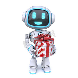 可爱的蓝色机器人提供在白色背景上孤立的git box 3D渲染说明
