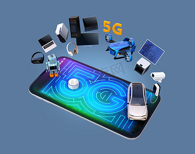 智能手机、无人机、自主车辆和机器人智能电话、5g 图形显示在智能手机上。5g 概念。3d 渲染图像.