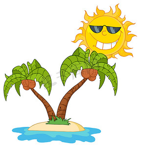 太阳卡通卡通摄影照片_岛，两棵棕榈树和太阳