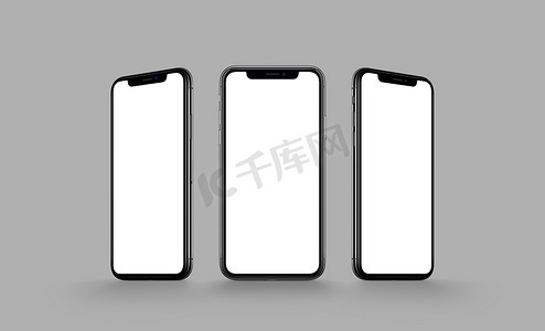 手机样机多手机摄影照片_基于灰色背景的 iphone X 型智能手机多屏样机