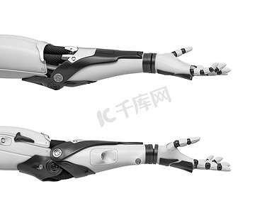3d 显示两个黑白机器人手臂水平与开放手掌的友好姿态呈现.