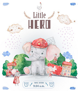 小英雄欢迎婴儿卡。水彩可爱的插图,五颜六色的大象和鼠标,城市卡通上的白色背景。生日和邀请卡,美容动物。带子文本设计的横幅