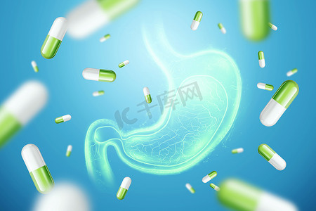 蓝色鎏金背景摄影照片_蓝色背景下的胃和药丸图像。饮食的概念,肠道菌群,微生物,健康消化.3D渲染，3D插图
