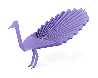 淡紫色的纸孔雀折纸孤立。3d 渲染