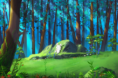 游戏cg摄影照片_小白兔在神秘的林地休息。视频游戏数字Cg艺术作品，概念插图，逼真的卡通风格背景 
