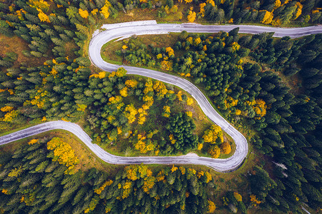 道路指示表摄影照片_弯弯曲曲的道路在森林里. 公路的空中图像。 福雷斯图样。 秋天从无人驾驶飞机上看到的弯曲的风景大道。 Zg zag绕行山路空中俯瞰，无人驾驶飞机发射.