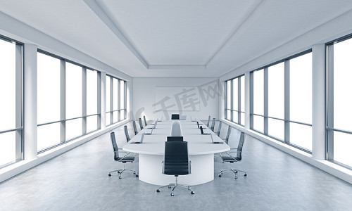 A bright modern panoramic meeting room in a modern office with white copy space in windows. The concept of the meeting of the Board of Director of the huge transnational corporation. 3D rendering.