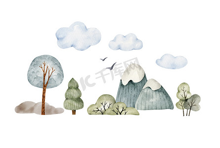 一组水彩画自然、森林、山脉和风景。这是一幅儿童房间设计和明信片的图解，是手绘的