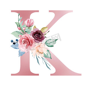 floral monogram, letter K watercolor painting with flowers and leaves