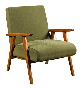 舒适柔软的复古式扶手椅，木制扶手，绿色面料座椅，白色背景隔离