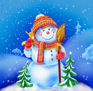 圣诞雪人配一把扫帚和搞笑松鼠在冬天背景上