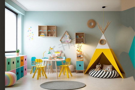 配备时尚家具和玩具的现代儿童房、儿童房、游乐帐篷和玩具的室内
