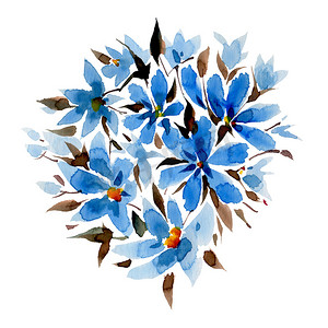 水彩花手绘花摄影照片_孤立的蓝色水彩花
