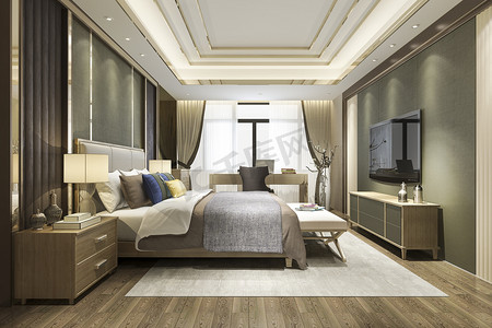3D渲染美丽的最低亚洲豪华居室套间在酒店与电视